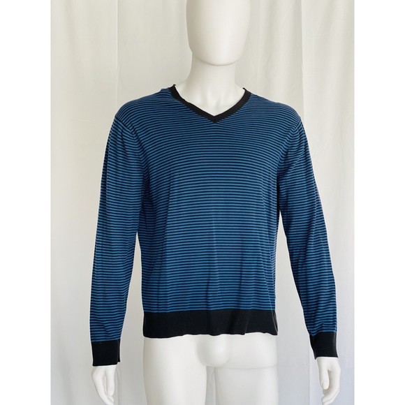 Gap Sweater Neck V Blue with Black Stripes Long Sleeves. Cotton, Silk, Nylon - Picture 1 of 8